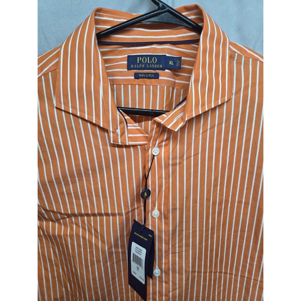 Polo Ralph Lauren Mens Long Sleeve ORANGE / WHITE STRIPE DRESS Shirt XL NWT $145